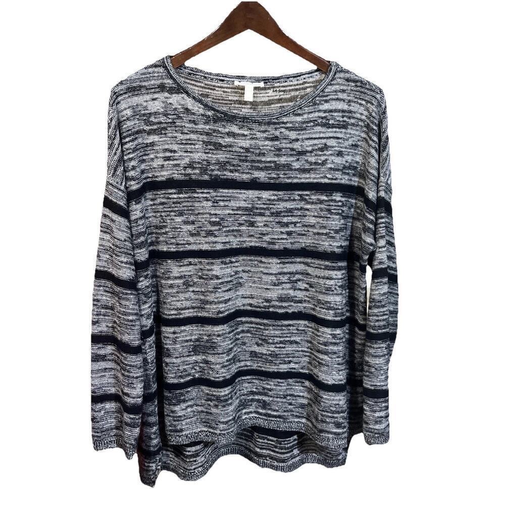 Eileen Fisher Organic Linen Relaxed Fit Black Striped Lightweight Sweater Small